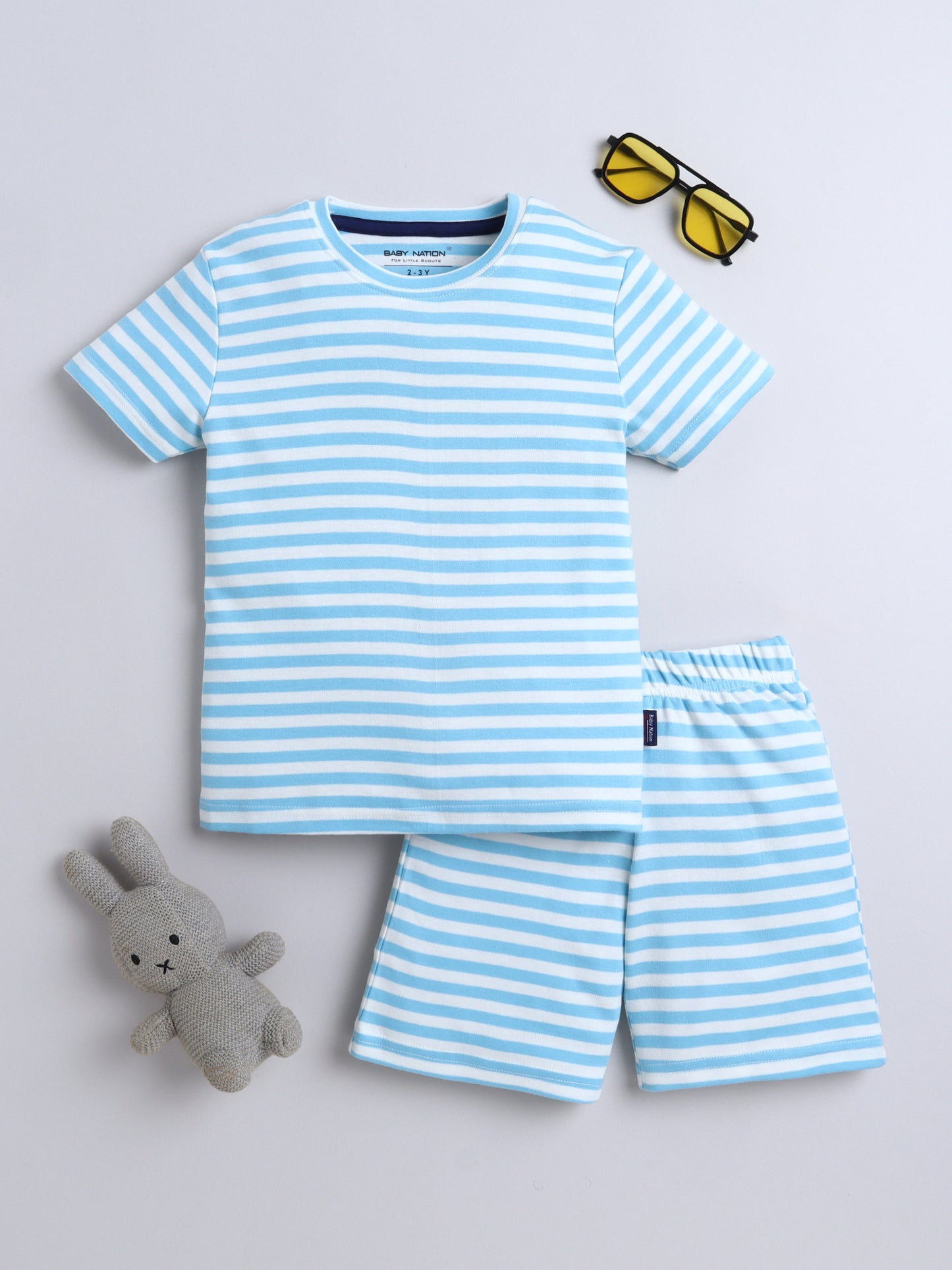 Baby Nation Cotton Knit Half Sleeve Coord Short Set - Sky Blue Stripes