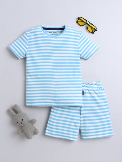 Baby Nation Cotton Knit Half Sleeve Coord Short Set - Sky Blue Stripes