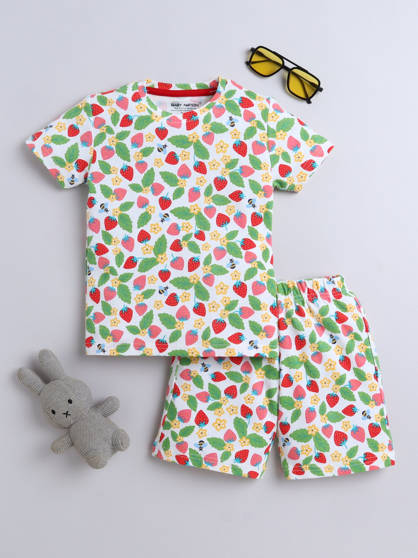 Baby Nation Cotton Knit Half Sleeve Coord Short Set - White Strawberry