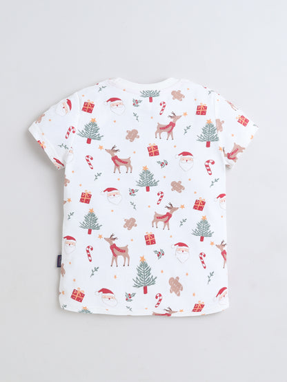Baby Nation Cotton Knit Half Sleeves Printed T-Shirt - White Christmas
