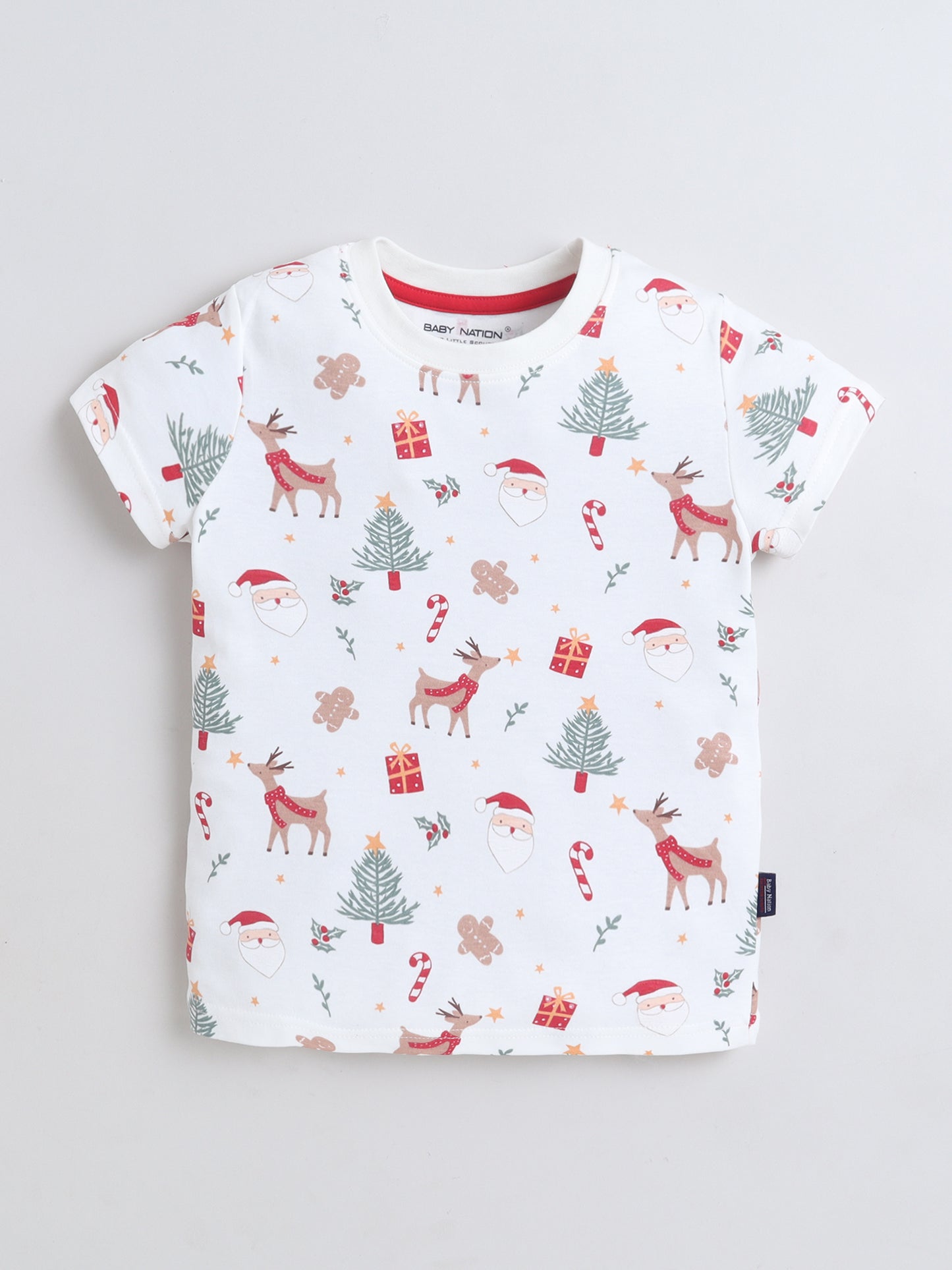 Baby Nation Cotton Knit Half Sleeves Printed T-Shirt - White Christmas