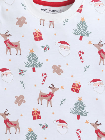 Baby Nation Cotton Knit Half Sleeves Printed T-Shirt - White Christmas