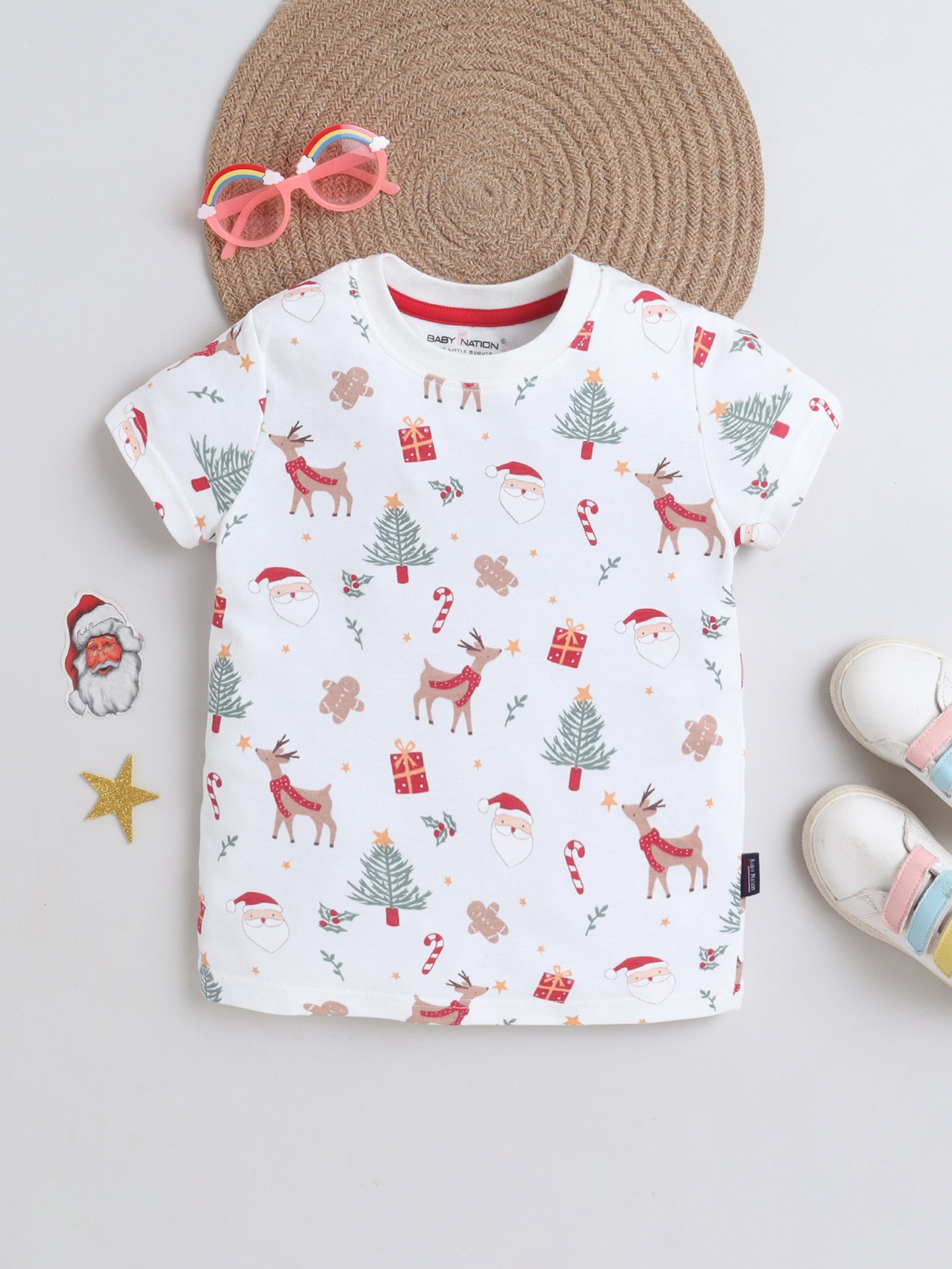 Baby Nation Cotton Knit Half Sleeves Printed T-Shirt - White Christmas