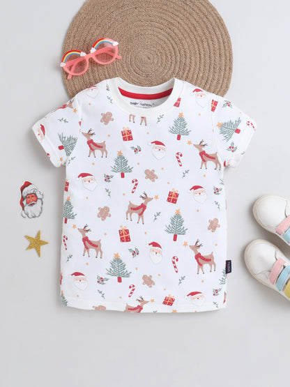 Baby Nation Cotton Knit Half Sleeves Printed T-Shirt - White Christmas