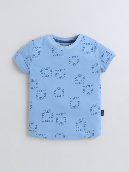 Baby Nation Cotton Knit Half Sleeves with Tiger Face Print T-Shirt - Blue