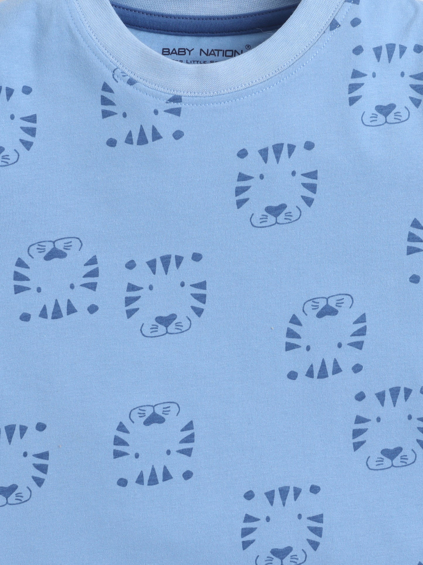 Baby Nation Cotton Knit Half Sleeves with Tiger Face Print T-Shirt - Blue