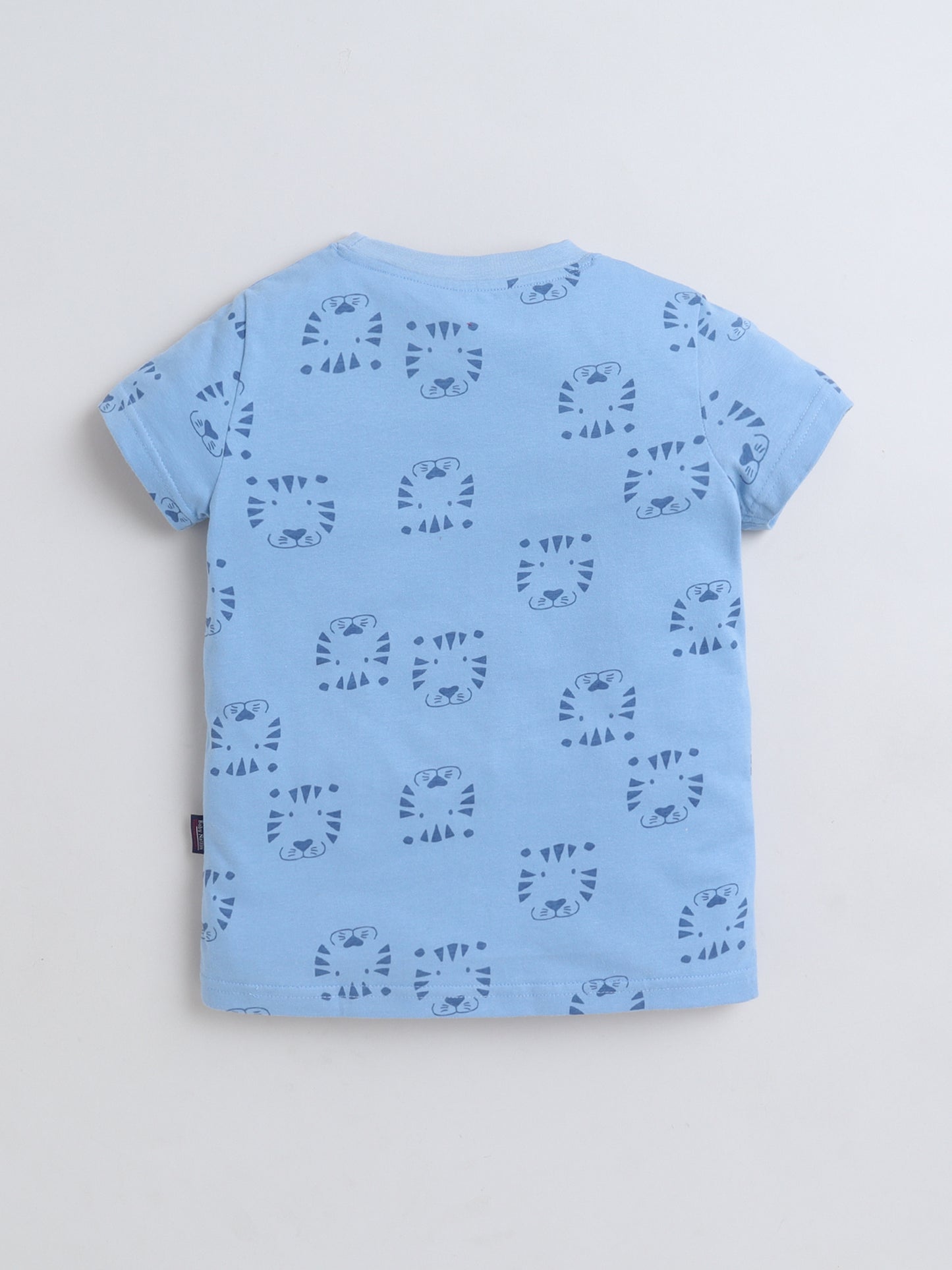 Baby Nation Cotton Knit Half Sleeves with Tiger Face Print T-Shirt - Blue