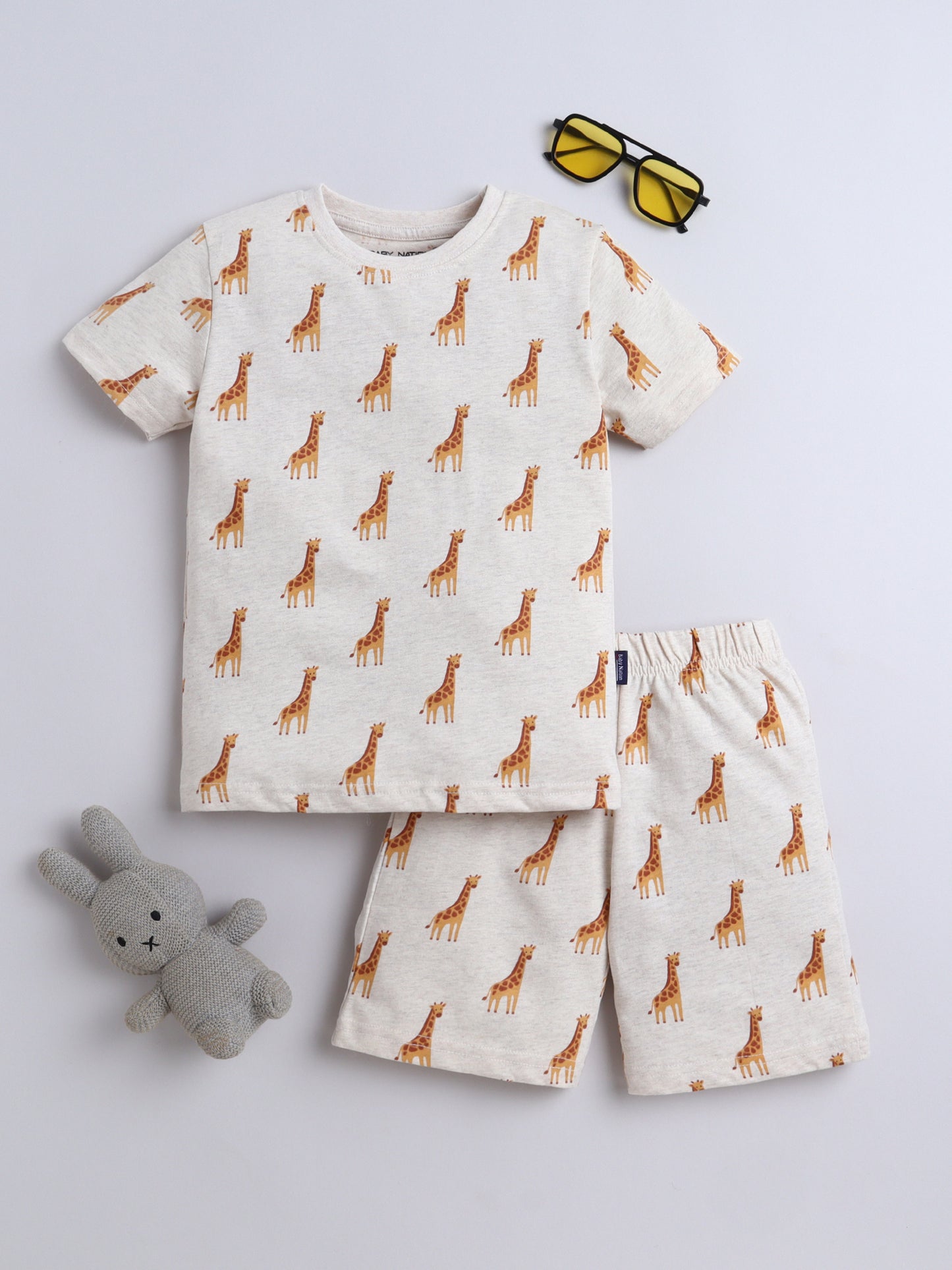 Baby Nation Cotton Knit Half Sleeve Coord Short Set - Creame Giraffee