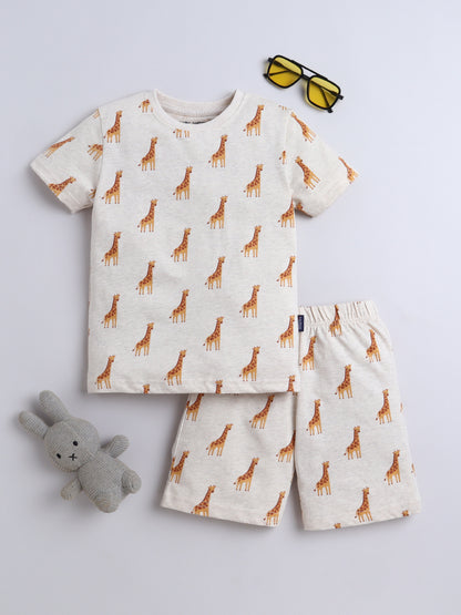 Baby Nation Cotton Knit Half Sleeve Coord Short Set - Creame Giraffee