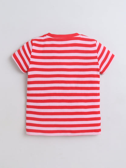 Baby Nation Cotton Knit Half Sleeves with Auto Striped T-Shirt - Red