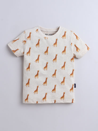 Baby Nation Cotton Knit Half Sleeve Coord Short Set - Creame Giraffee