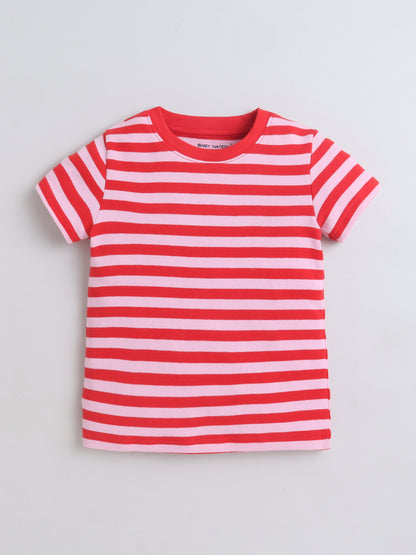 Baby Nation Cotton Knit Half Sleeves with Auto Striped T-Shirt - Red