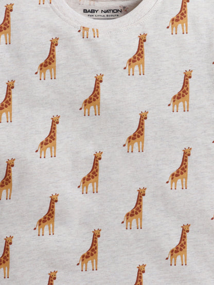 Baby Nation Cotton Knit Half Sleeve Coord Short Set - Creame Giraffee