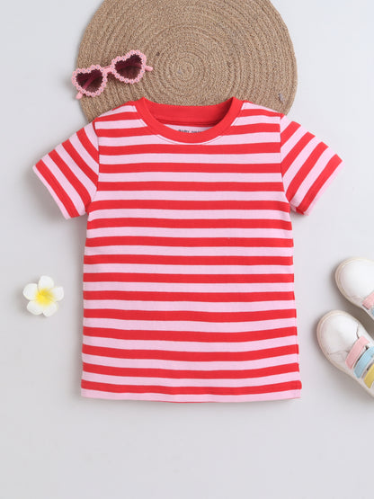 Baby Nation Cotton Knit Half Sleeves with Auto Striped T-Shirt - Red