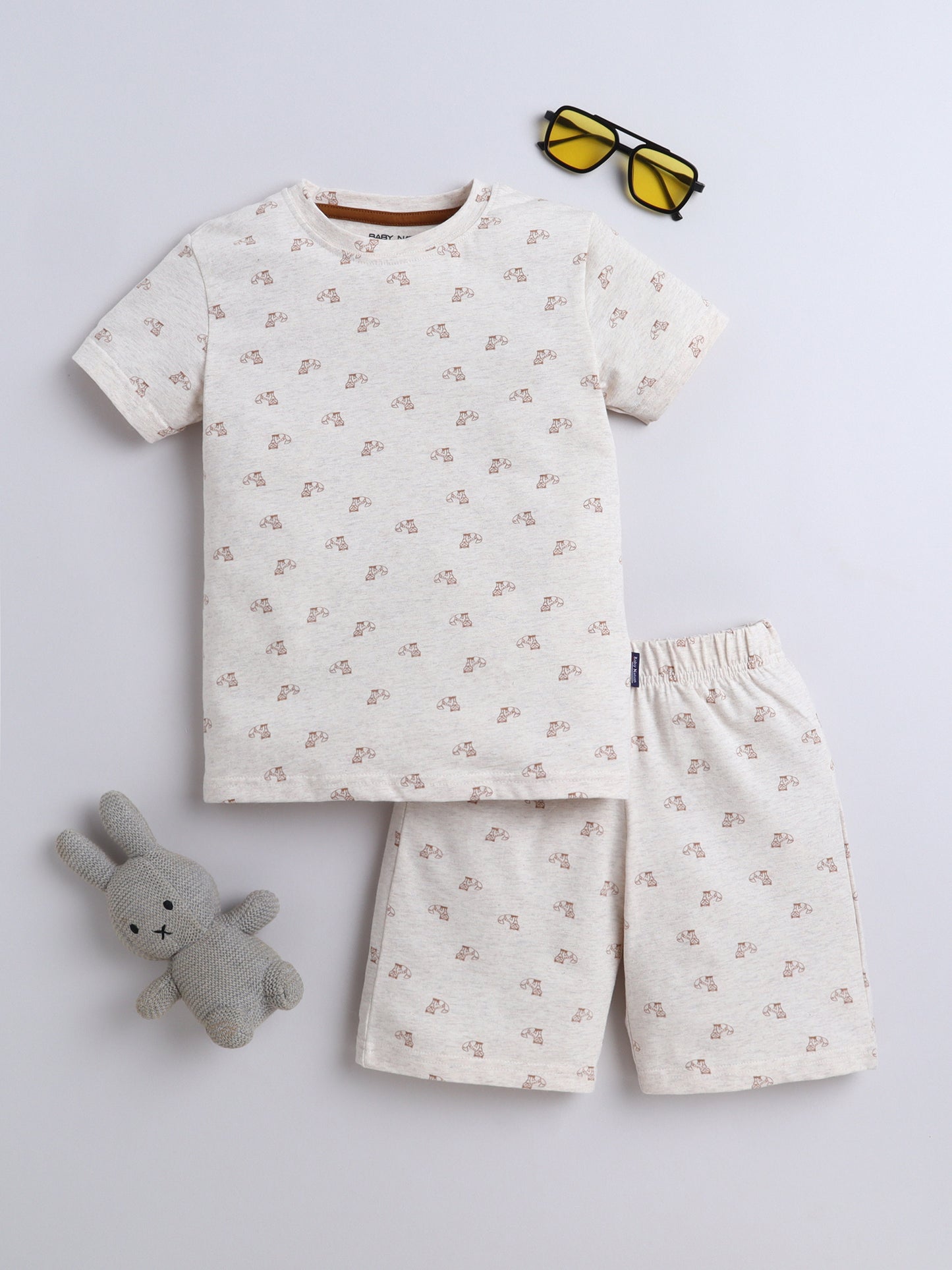 Baby Nation Cotton Knit Half Sleeve Coord Short Set - Mélange Cat