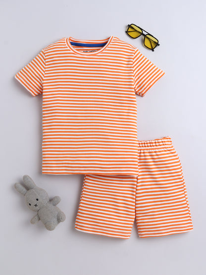 Baby Nation Cotton Knit Half Sleeve Coord Short Set - Fanta Orange Stripes
