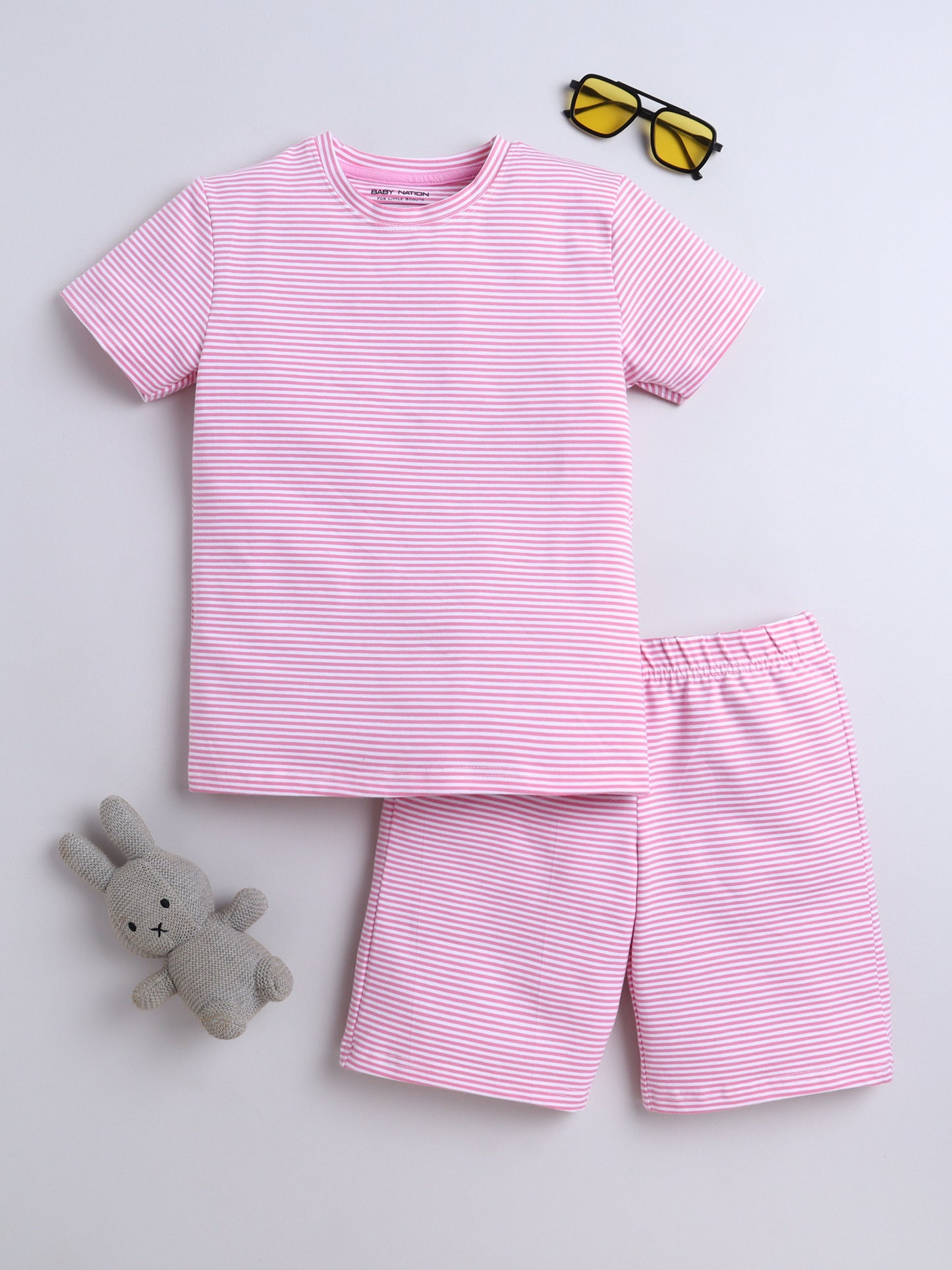 Baby Nation Cotton Knit Half Sleeve Coord Short Set -Small Pink Stripes