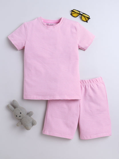Baby Nation Cotton Knit Half Sleeve Coord Short Set -Small Pink Stripes