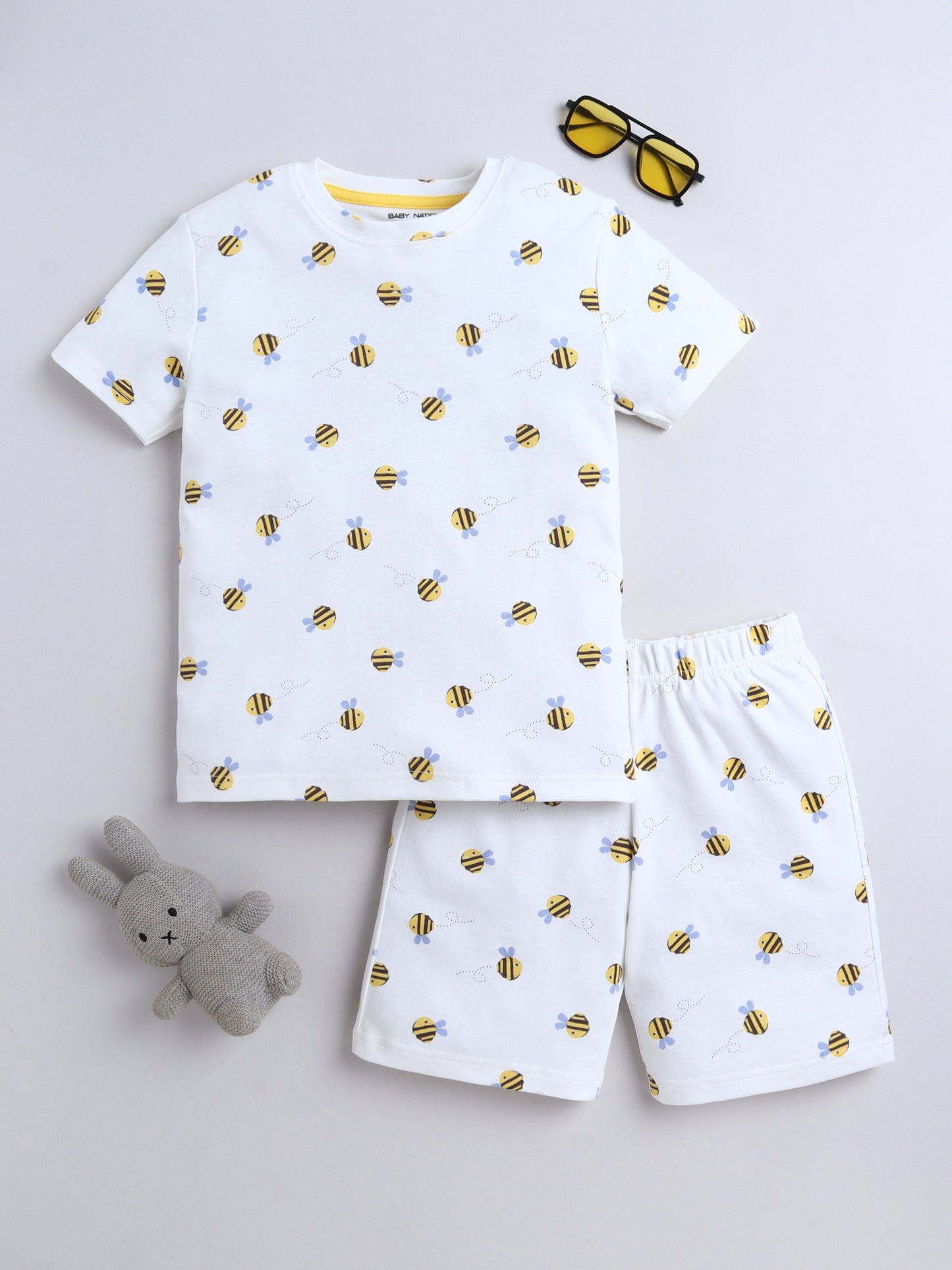 Baby Nation Cotton Knit Half Sleeves  Honey Bee Printed Coordinating T-Shirt & Shorts Set - White