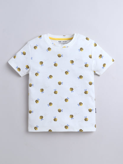 Baby Nation Cotton Knit Half Sleeves  Honey Bee Printed Coordinating T-Shirt & Shorts Set - White