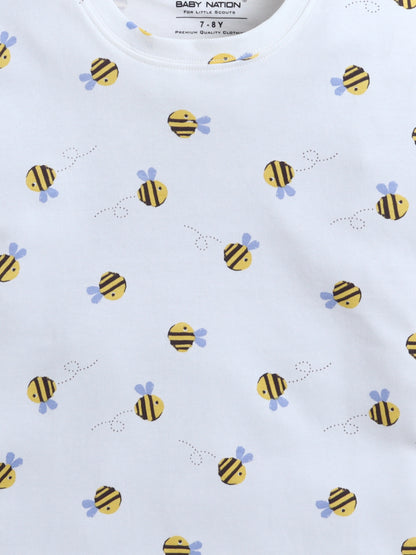 Baby Nation Cotton Knit Half Sleeves  Honey Bee Printed Coordinating T-Shirt & Shorts Set - White