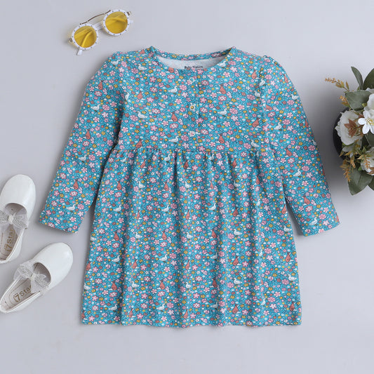 Girls Blue Floral Print Frock with Fox & Bird Design
