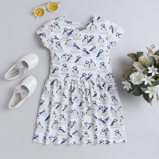 Girls White Puffin Print Frock