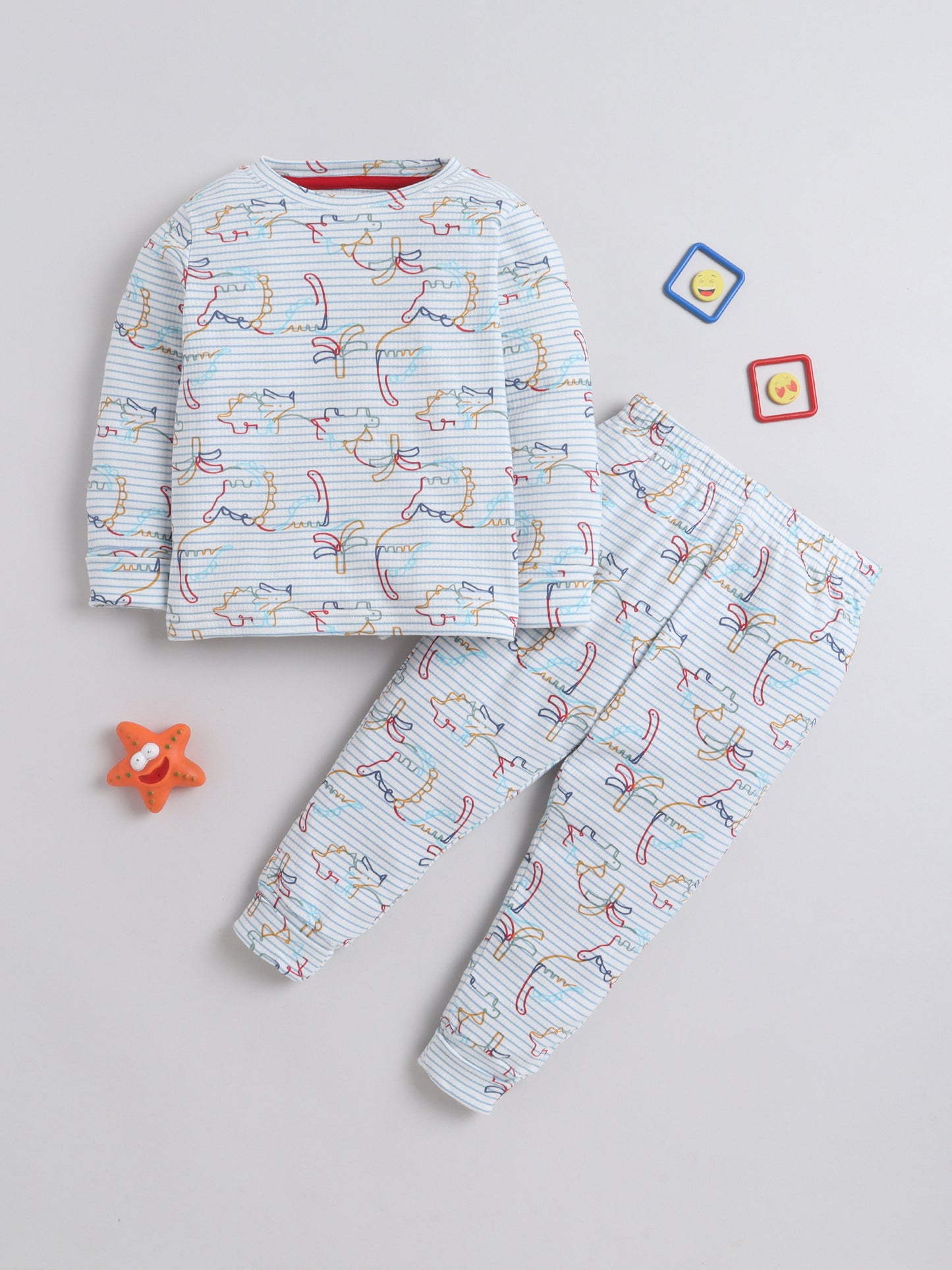 Baby Nation Kids Printed Cotton Night Suit Set - White Dino