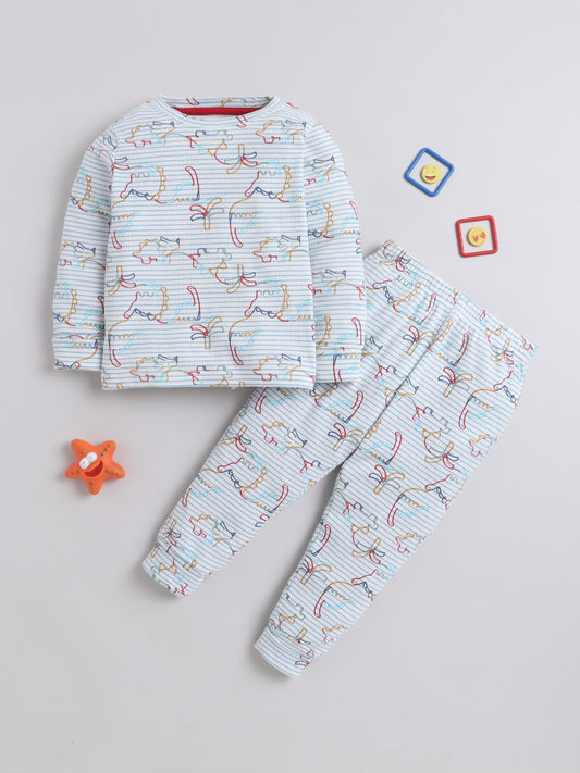 Baby Nation Kids Printed Cotton Night Suit Set - White Dino