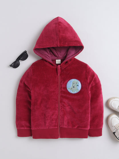Unisex Printed Winter Hoodie - Maroon Dino Badge