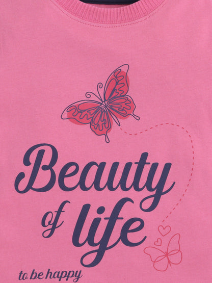 Baby Nation Cotton Knit Half Sleeves Printed T-Shirt - Pink Butterfly