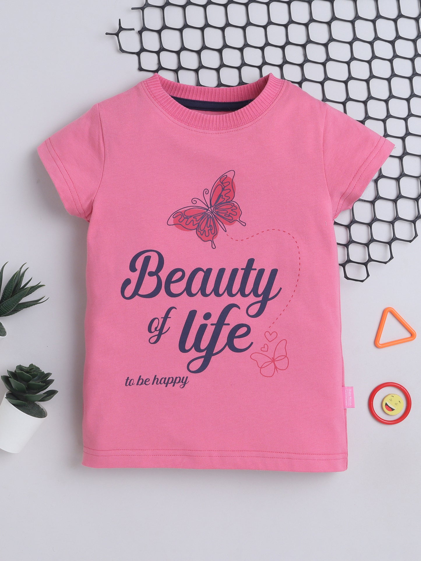 Baby Nation Cotton Knit Half Sleeves Printed T-Shirt - Pink Butterfly