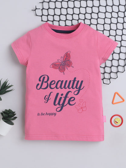Baby Nation Cotton Knit Half Sleeves Printed T-Shirt - Pink Butterfly