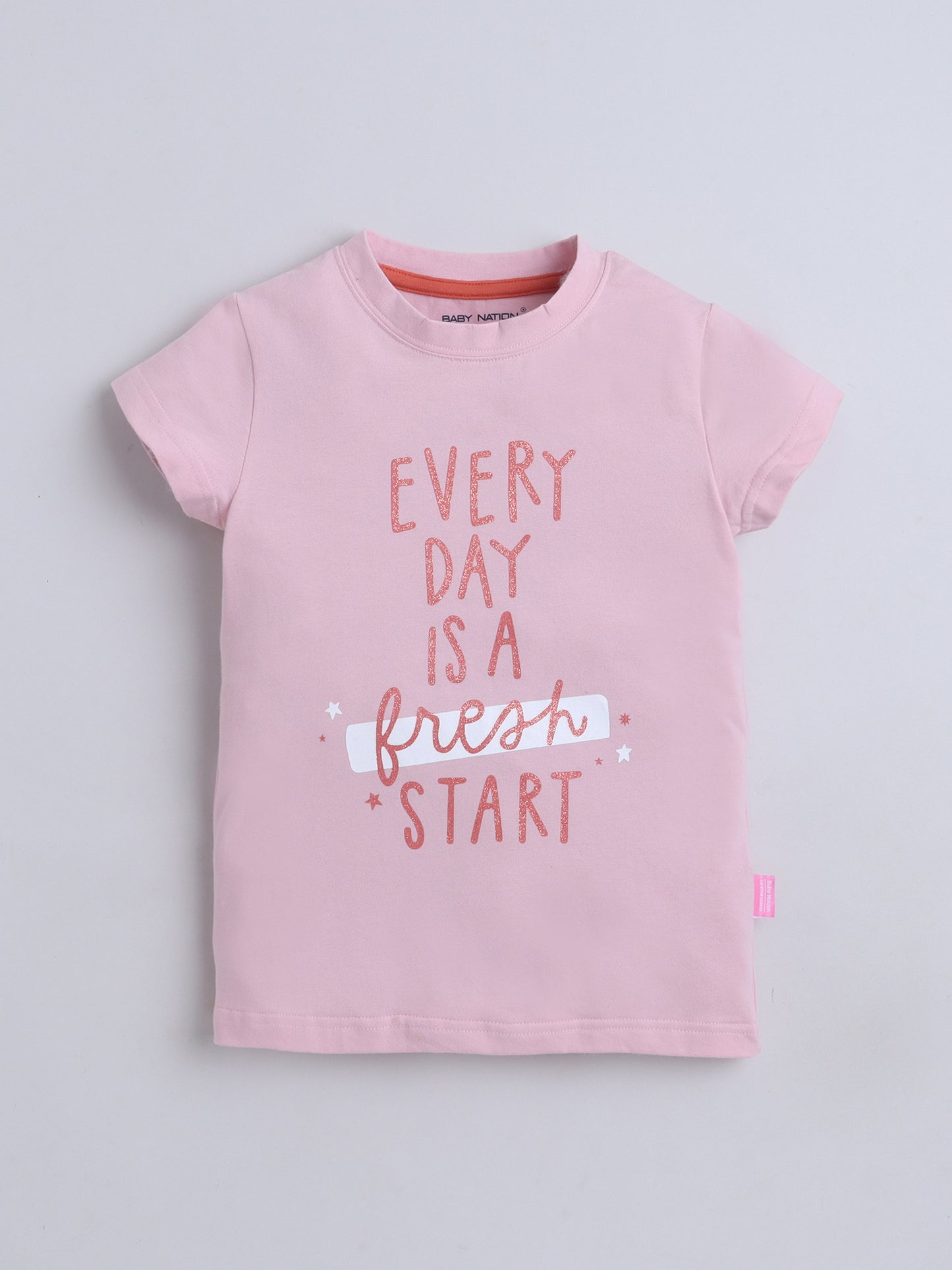 Baby Nation Cotton Knit Half Sleeves Printed T-Shirt - Pink Glitter