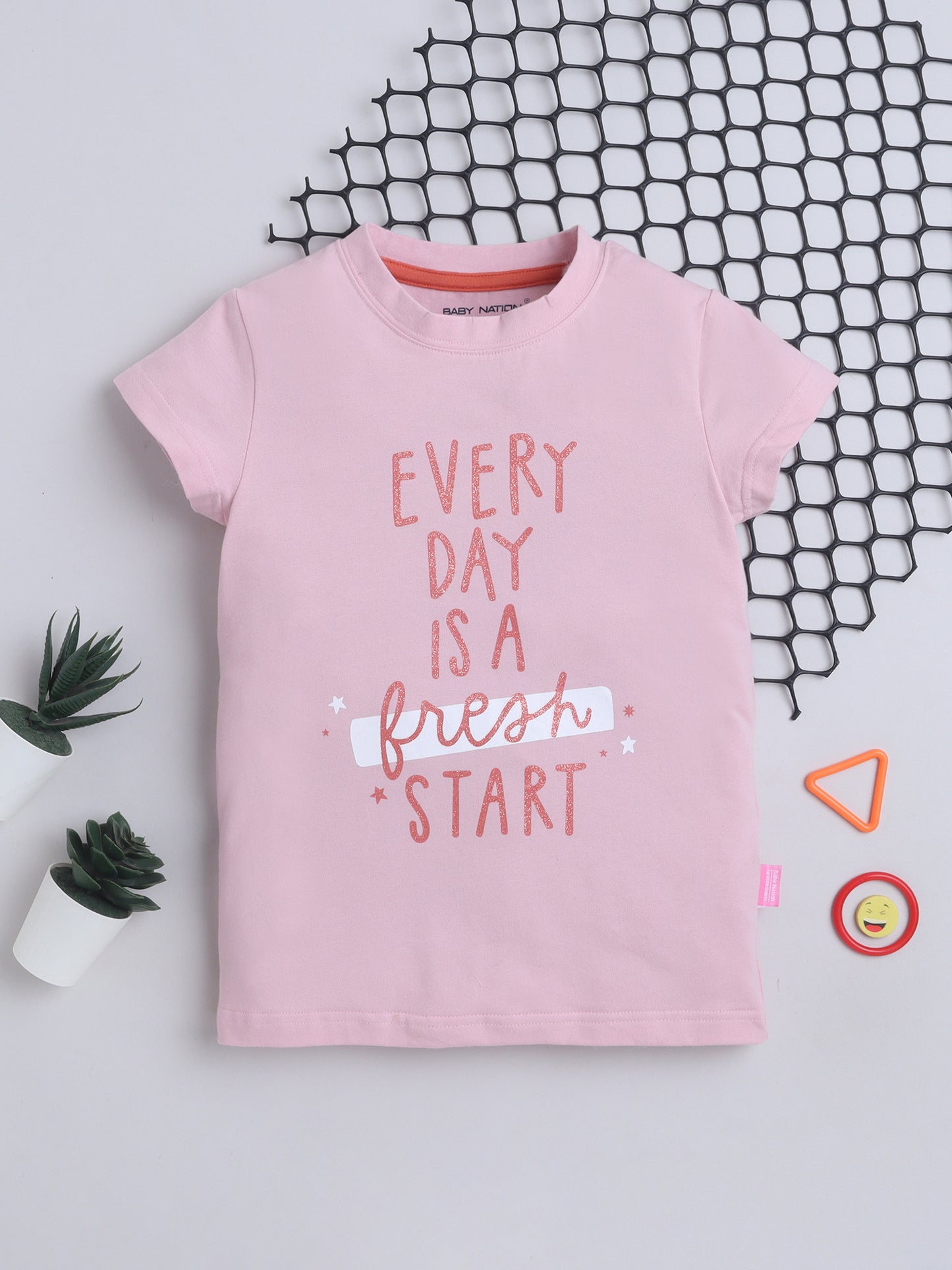 Baby Nation Cotton Knit Half Sleeves Printed T-Shirt - Pink Glitter