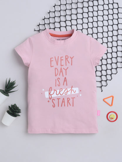 Baby Nation Cotton Knit Half Sleeves Printed T-Shirt - Pink Glitter