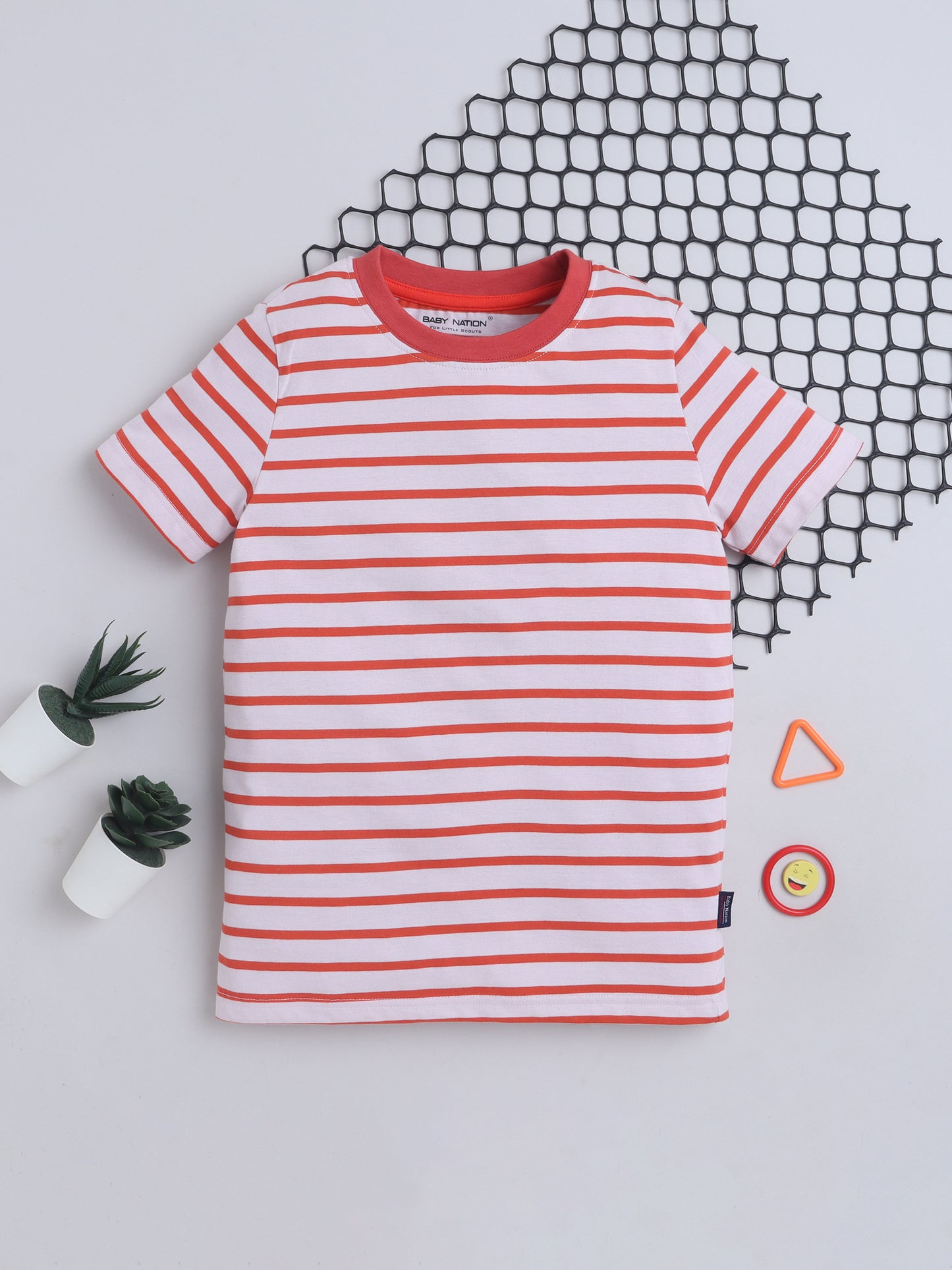Baby Nation Cotton Knit Half Sleeves Printed T-Shirt - Dark Orange Stripes