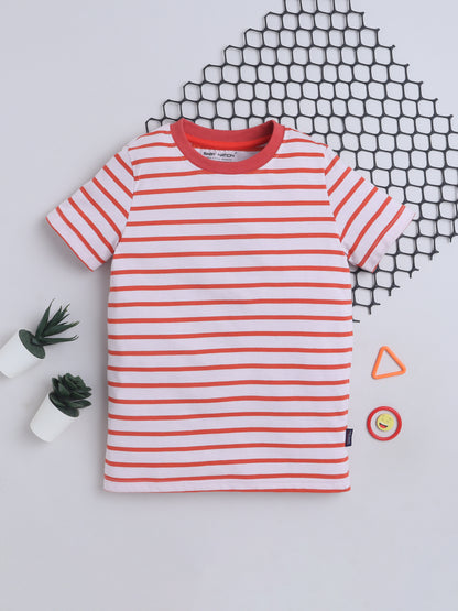 Baby Nation Cotton Knit Half Sleeves Printed T-Shirt - Dark Orange Stripes
