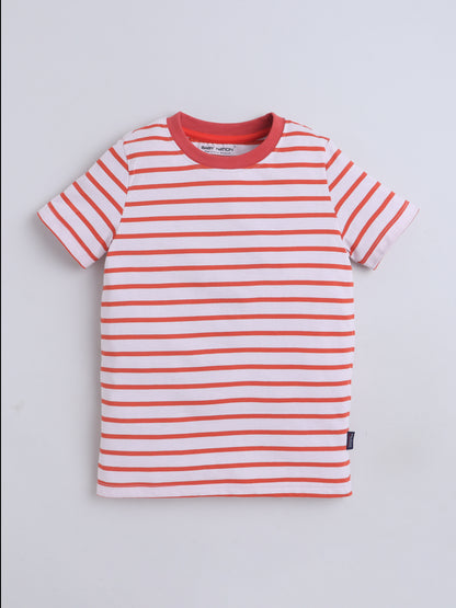 Baby Nation Cotton Knit Half Sleeves Printed T-Shirt - Dark Orange Stripes