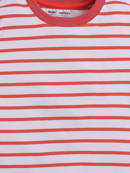 Baby Nation Cotton Knit Half Sleeves Printed T-Shirt - Dark Orange Stripes