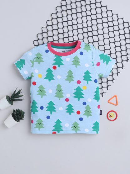 Baby Nation Cotton Knit Half Sleeves Printed T-Shirt - Blue Christmas Tree