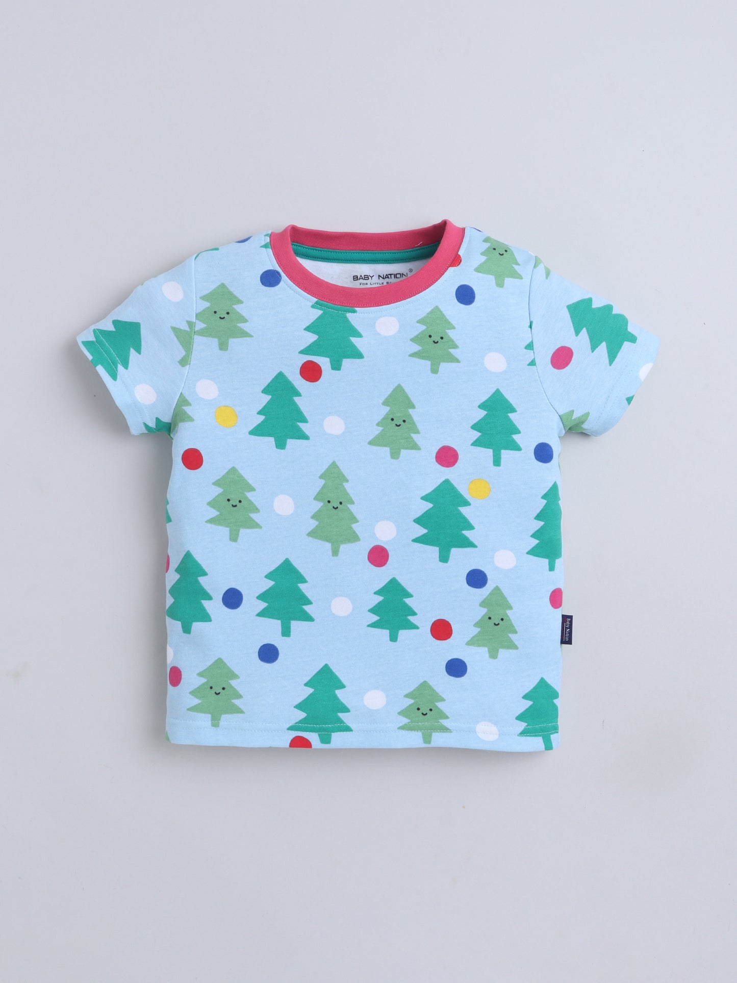Baby Nation Cotton Knit Half Sleeves Printed T-Shirt - Blue Christmas Tree