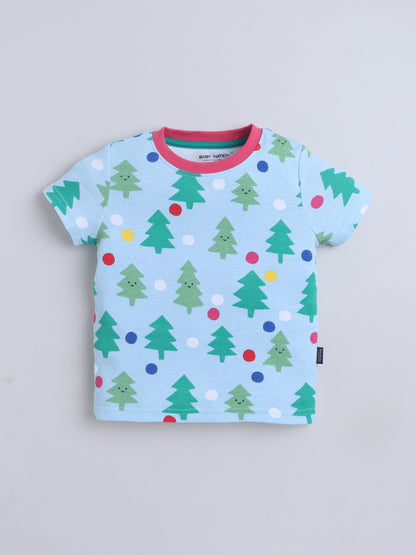 Baby Nation Cotton Knit Half Sleeves Printed T-Shirt - Blue Christmas Tree