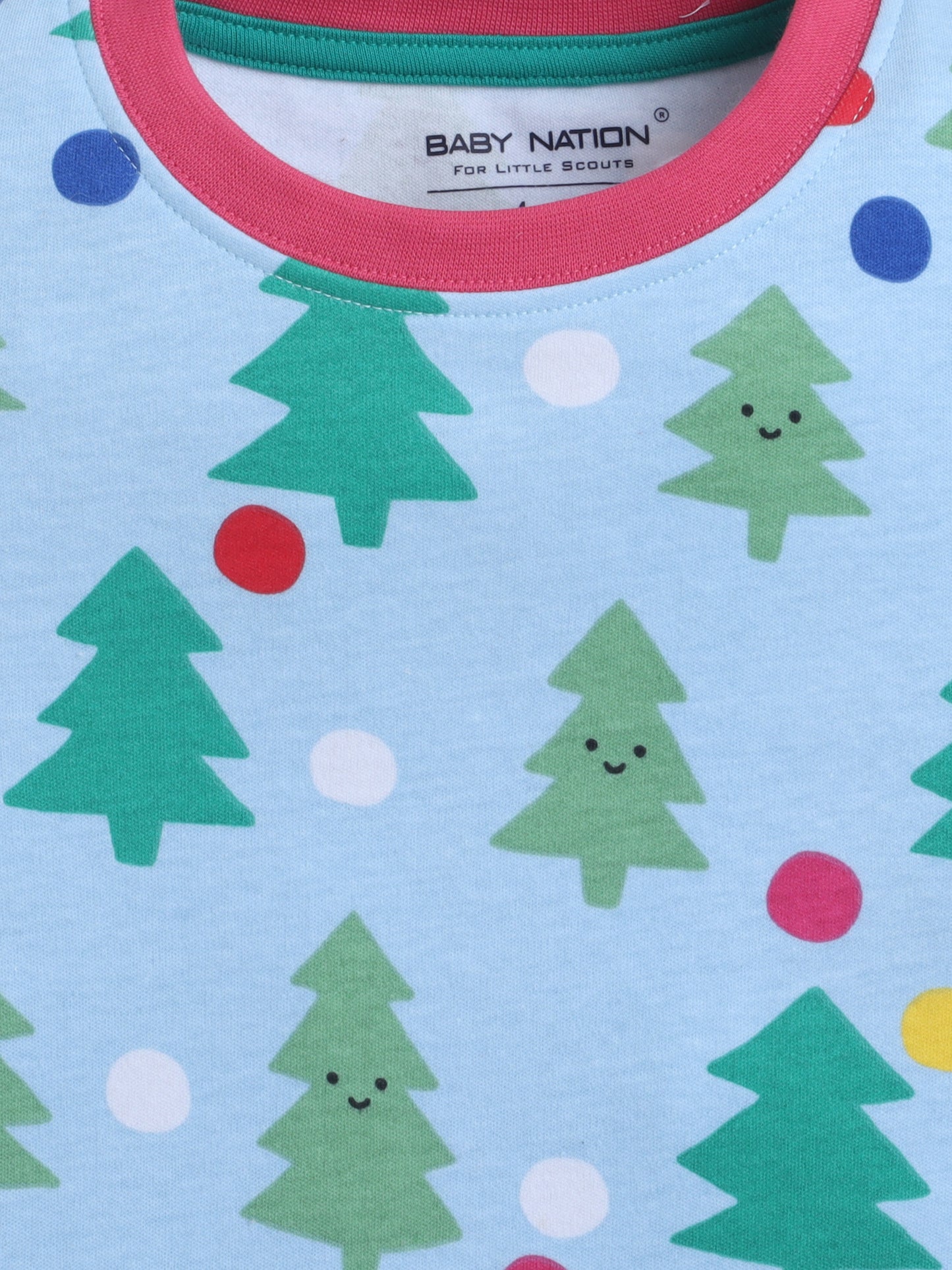 Baby Nation Cotton Knit Half Sleeves Printed T-Shirt - Blue Christmas Tree