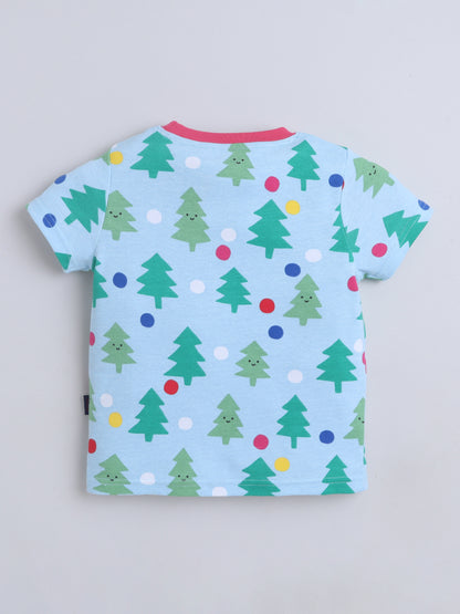 Baby Nation Cotton Knit Half Sleeves Printed T-Shirt - Blue Christmas Tree