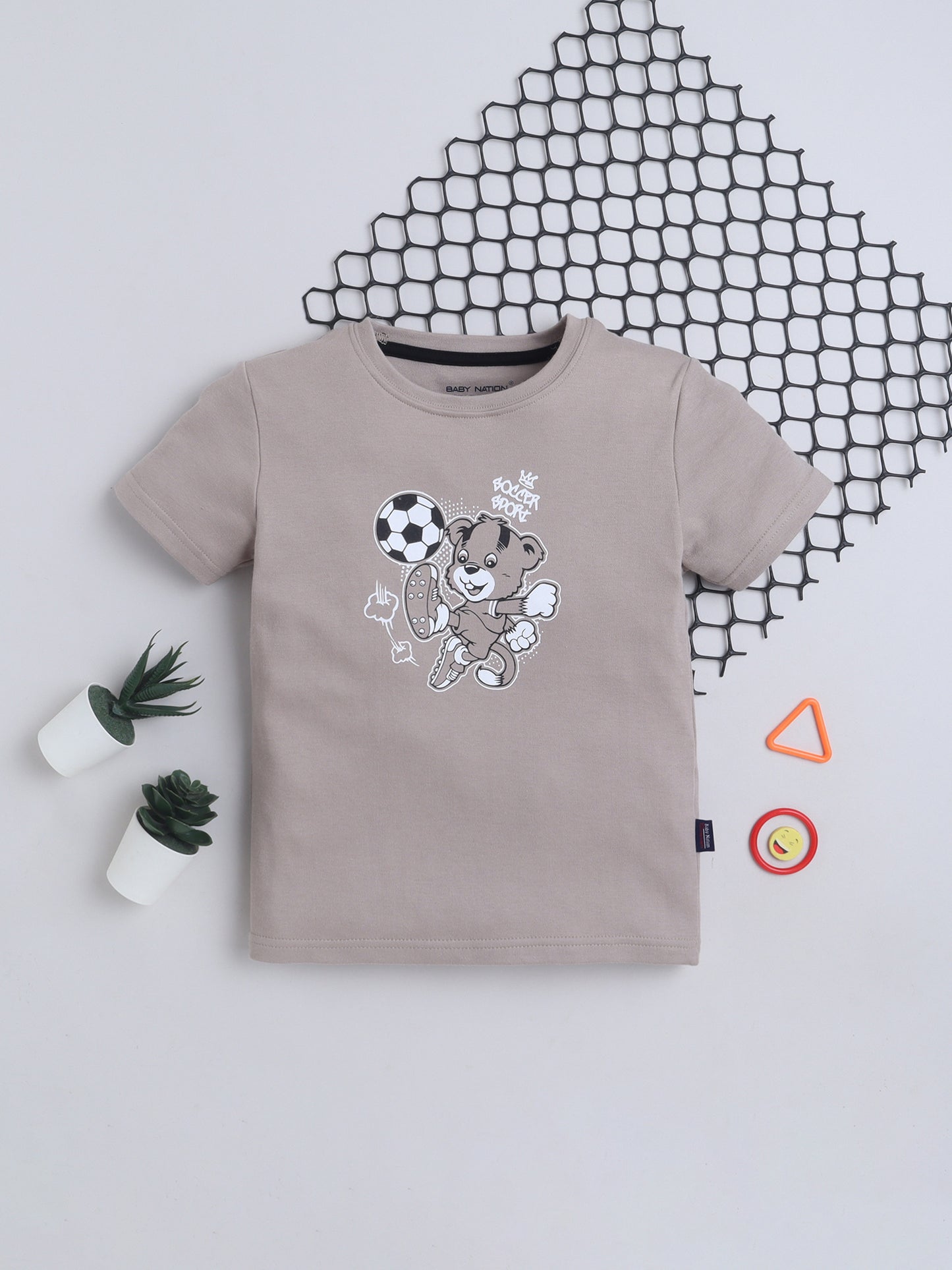 Baby Nation Cotton Knit Half Sleeves Printed T-Shirt - Grey Teddy