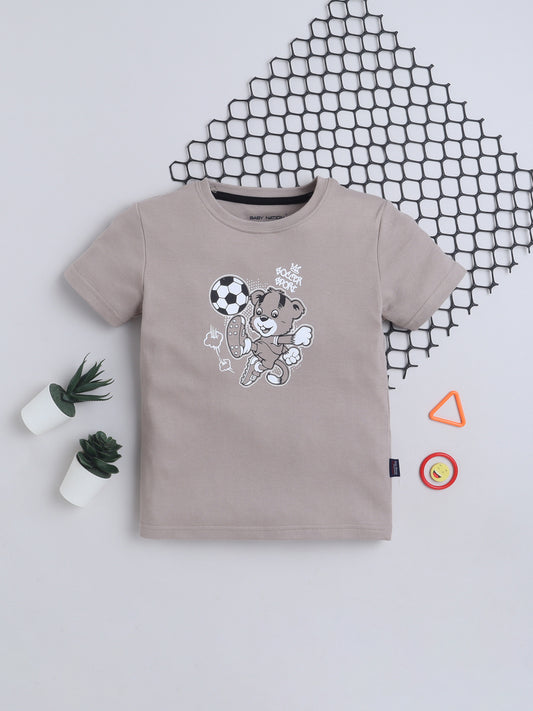 Baby Nation Cotton Knit Half Sleeves Printed T-Shirt - Grey Teddy