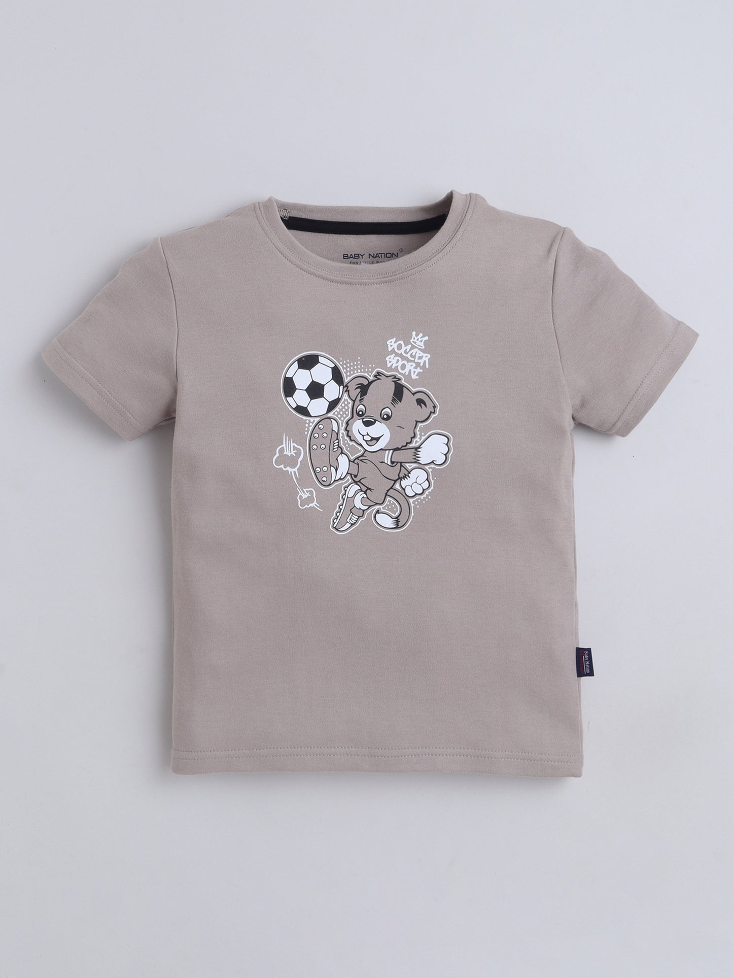 Baby Nation Cotton Knit Half Sleeves Printed T-Shirt - Grey Teddy