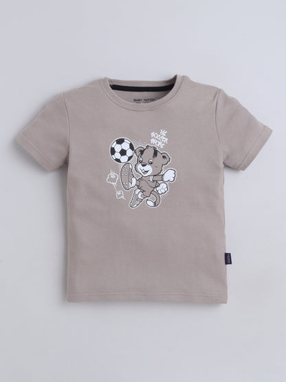 Baby Nation Cotton Knit Half Sleeves Printed T-Shirt - Grey Teddy