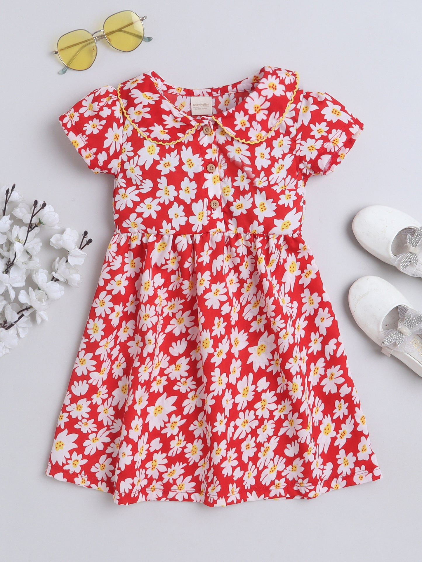 Girls Polycotton Frock - Peterpan Collar Red